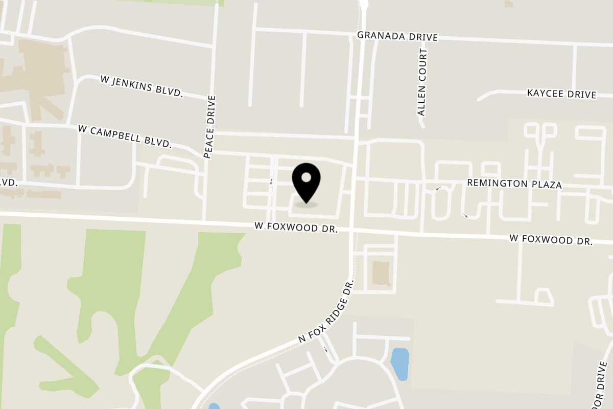 Map showing the location of Lutfi’s Raymore on 1242 W Foxwood Dr in Raymore